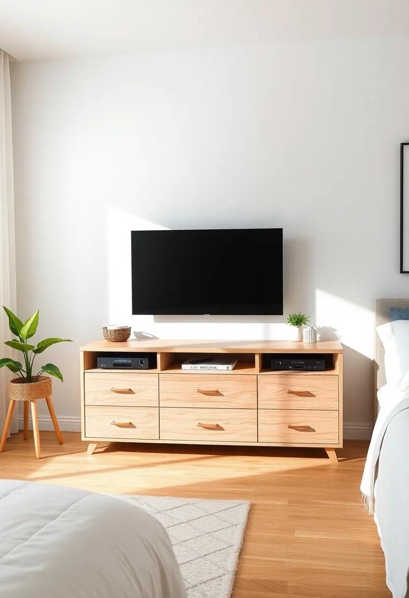 Neat Scandinavian Dresser-Unit: Select a multi-functional dresser that doubles as a TV unit, providing stylish storage while keeping your bedroom organized and chic