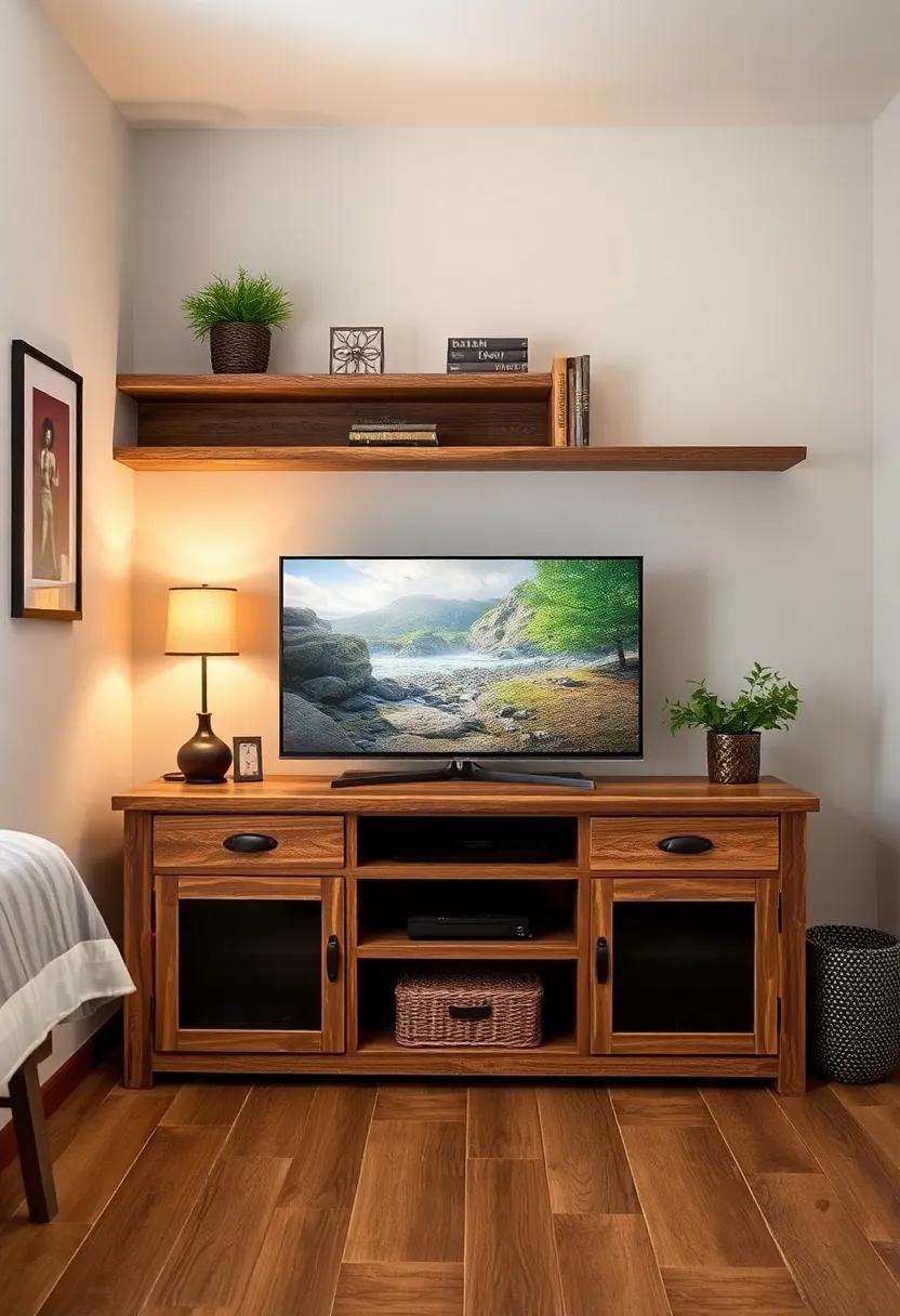 Rustic Charm Corner Unit: Transform an unused corner into a cozy entertainment nook with a rustic corner TV unit, featuring reclaimed wood and open shelving for a warm, inviting touch