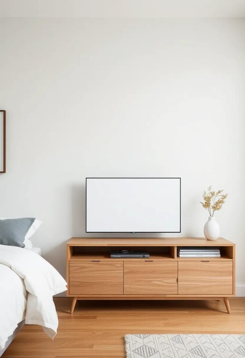 Scandi-Style Low Unit: Go for a Scandinavian-inspired low TV unit, featuring natural wood tones and clean lines, to give your bedroom a fresh, minimalist look