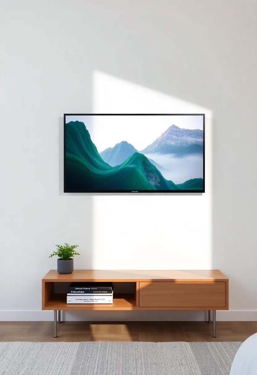 Space-Saving Wall Mount: Consider a wall-mounted TV for a sleek look that saves space,complemented by a slim console below that offers style without bulk