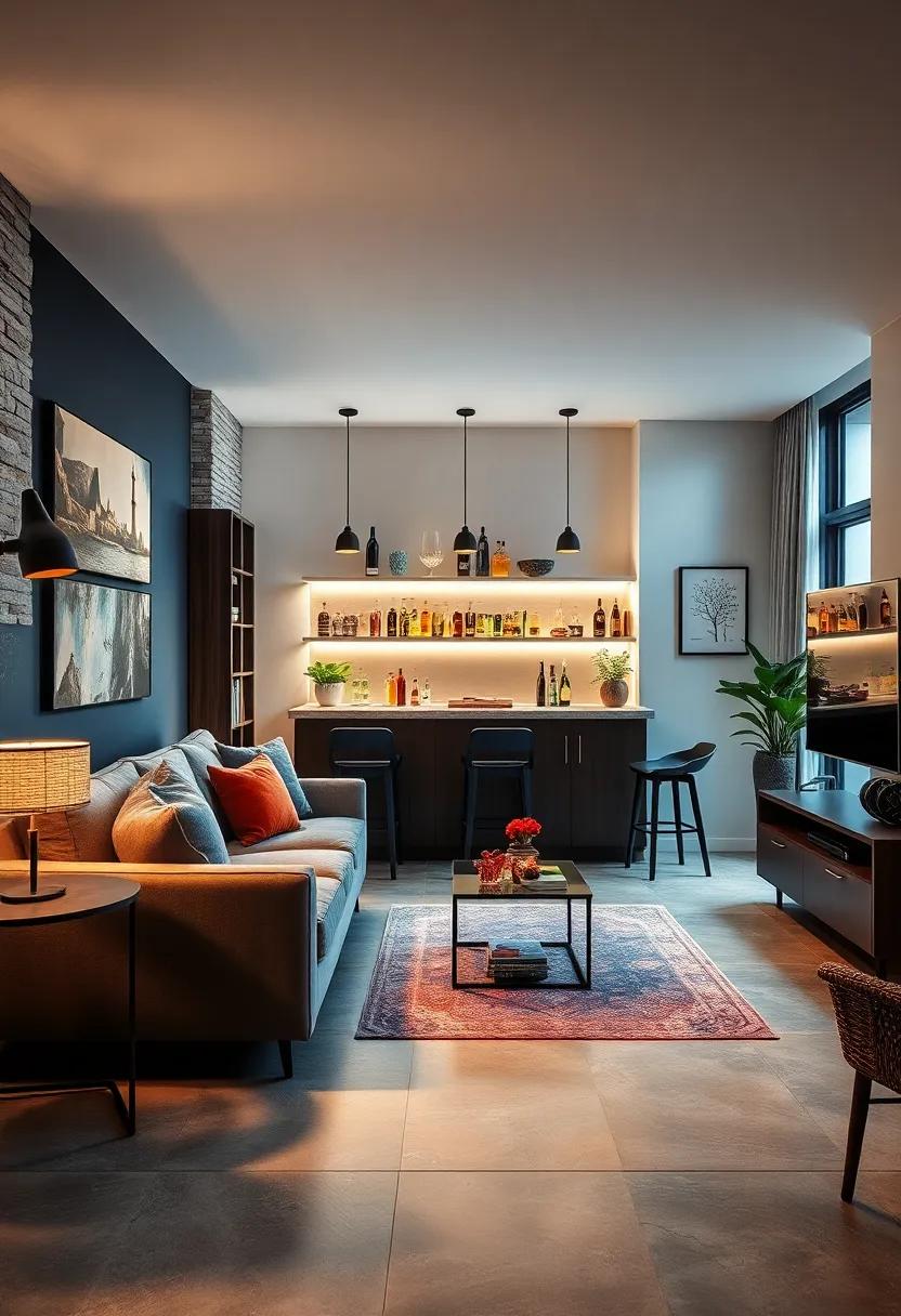 embrace a Cozy atmosphere with a Stylish Living Room Bar Setup