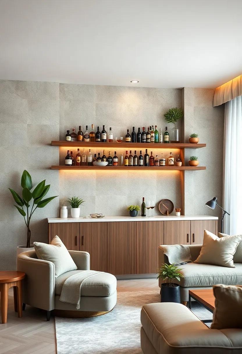 Utilize Wall Space with Floating Shelves for Bar Essentials