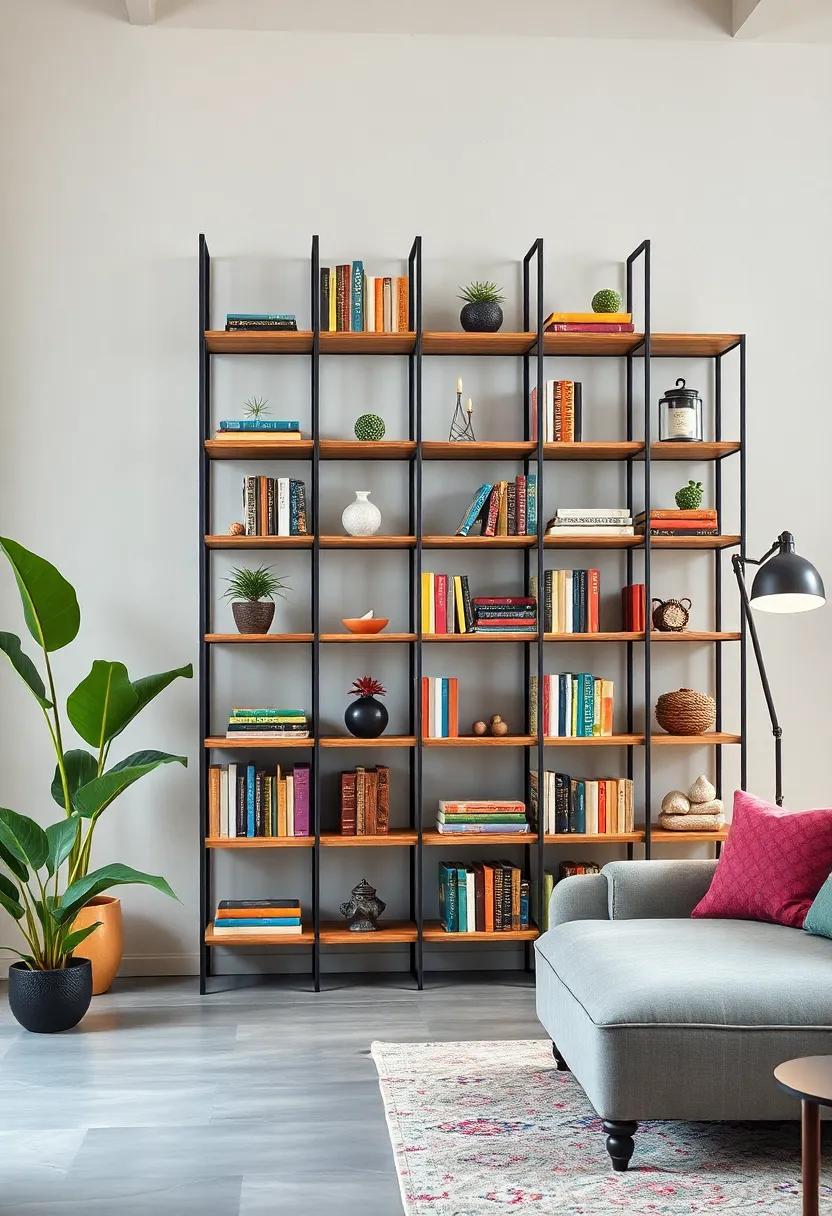 Eclectic Style: ⁣A whimsical‌ assortment‍ of colorful wood shelves ‌supported by playful metal ⁢structures creates a unique and vibrant ⁢display