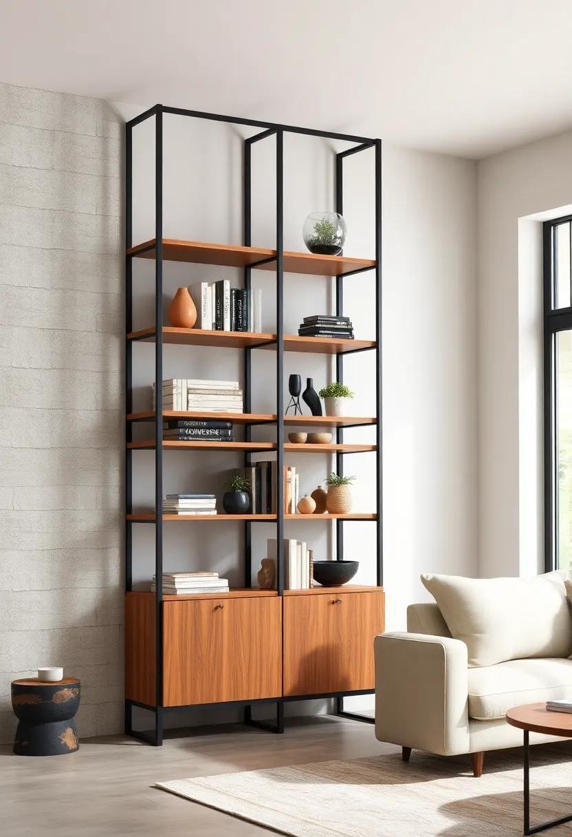 Embrace Minimalism:​ A ​sleek,open-frame ⁣bookcase combining warm wood tones with matte‌ black metal accents to create an airy feel ‌in any room