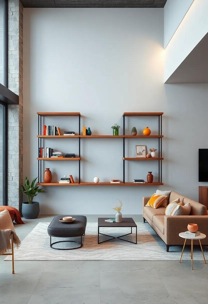 Floating Dreams: Mounted to the wall, this design combines floating wooden shelves with slim‌ metal brackets for a sophisticated space-saving solution