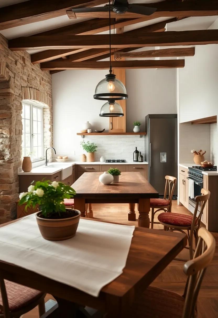 Farmhouse Table: Invest in a sturdy farmhouse table as the heart of the kitchen, perfect for family meals, gatherings, or culinary adventures