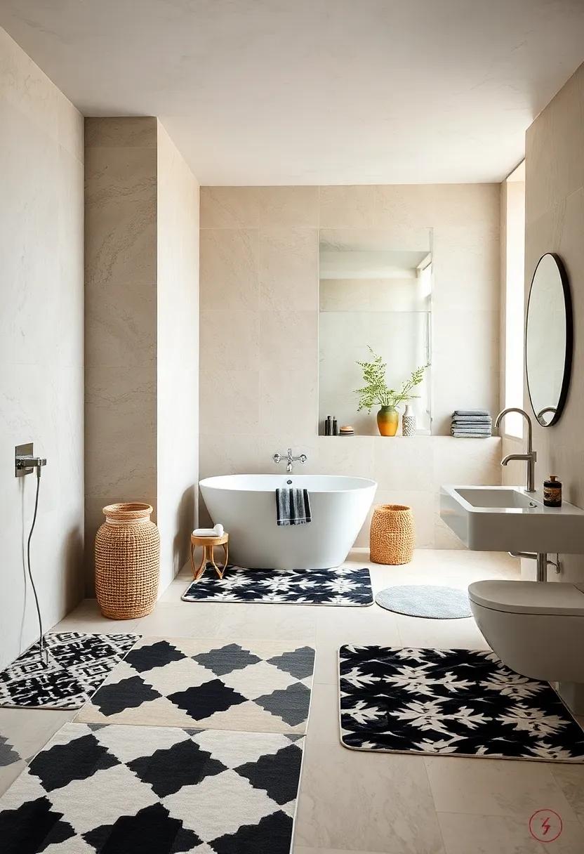 Monochrome Magic: Opt for⁢ black-and-white ⁣geometric ‍rugs ⁤against‍ a pastel bathroom to create ⁣a striking ‌contrast and a sense of balance