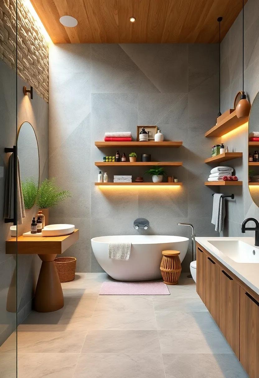 Open Shelving:⁣ Swap closed cabinets for open wooden shelving to display ​colorful⁣ towels and quirky bathroom essentials, adding character