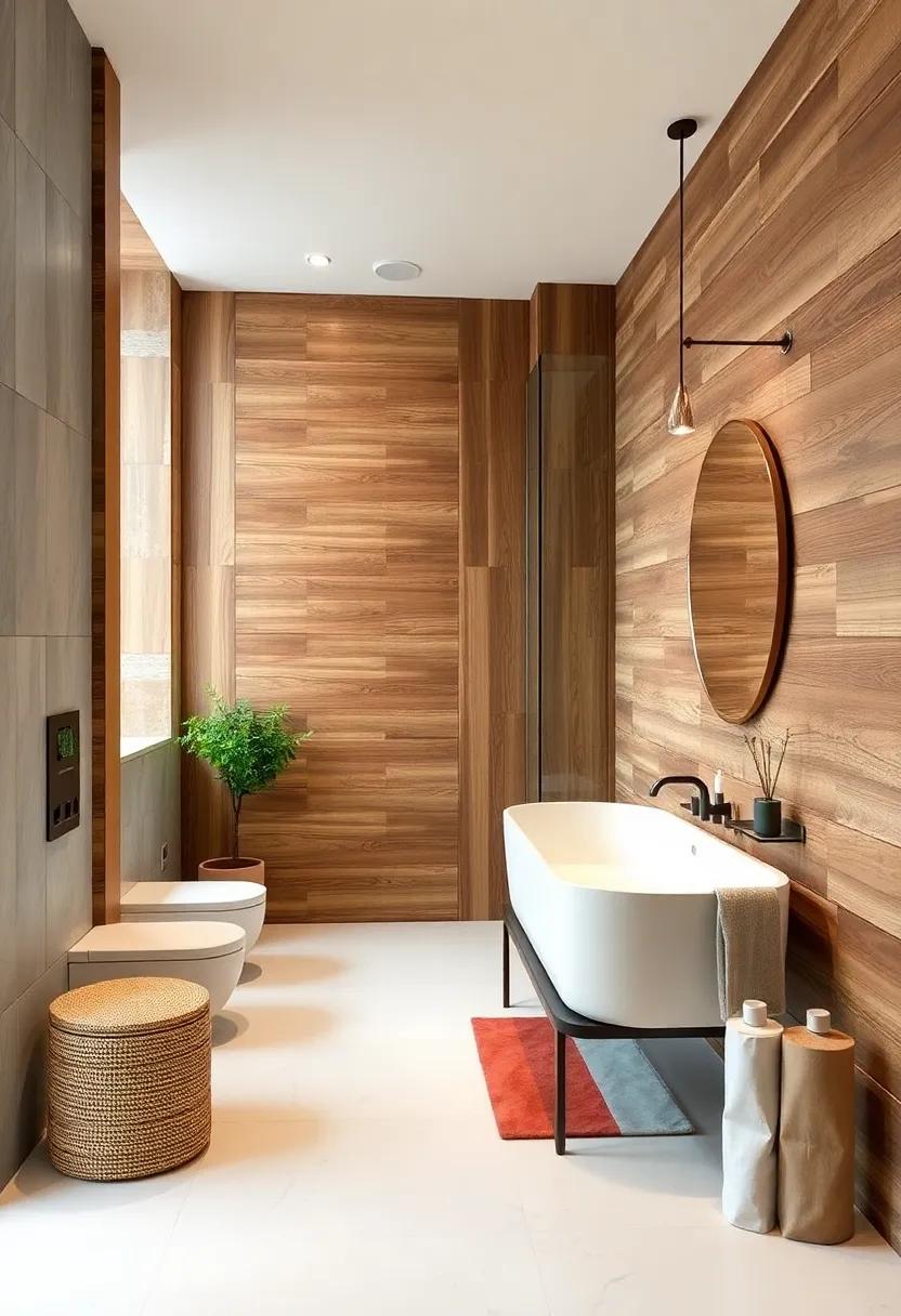 Accent Wall Delight: Create a striking feature wall using textured wood​ panels that add warmth and character to your eclectic ​bathroom
