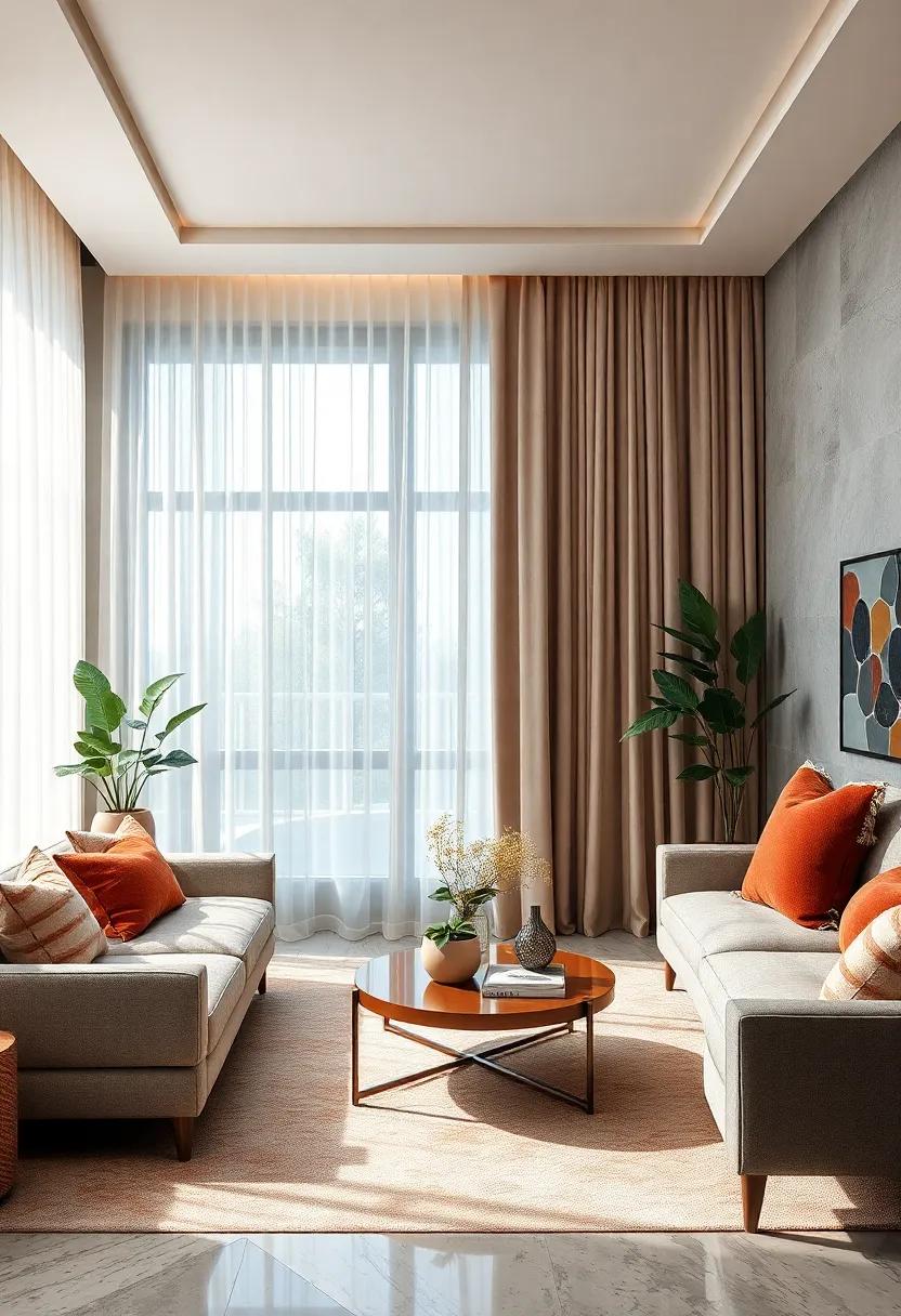 Chic Curtains: Select sheer or light-draped curtains that allow natural light to flood in, enhancing the overall ambiance of your living room