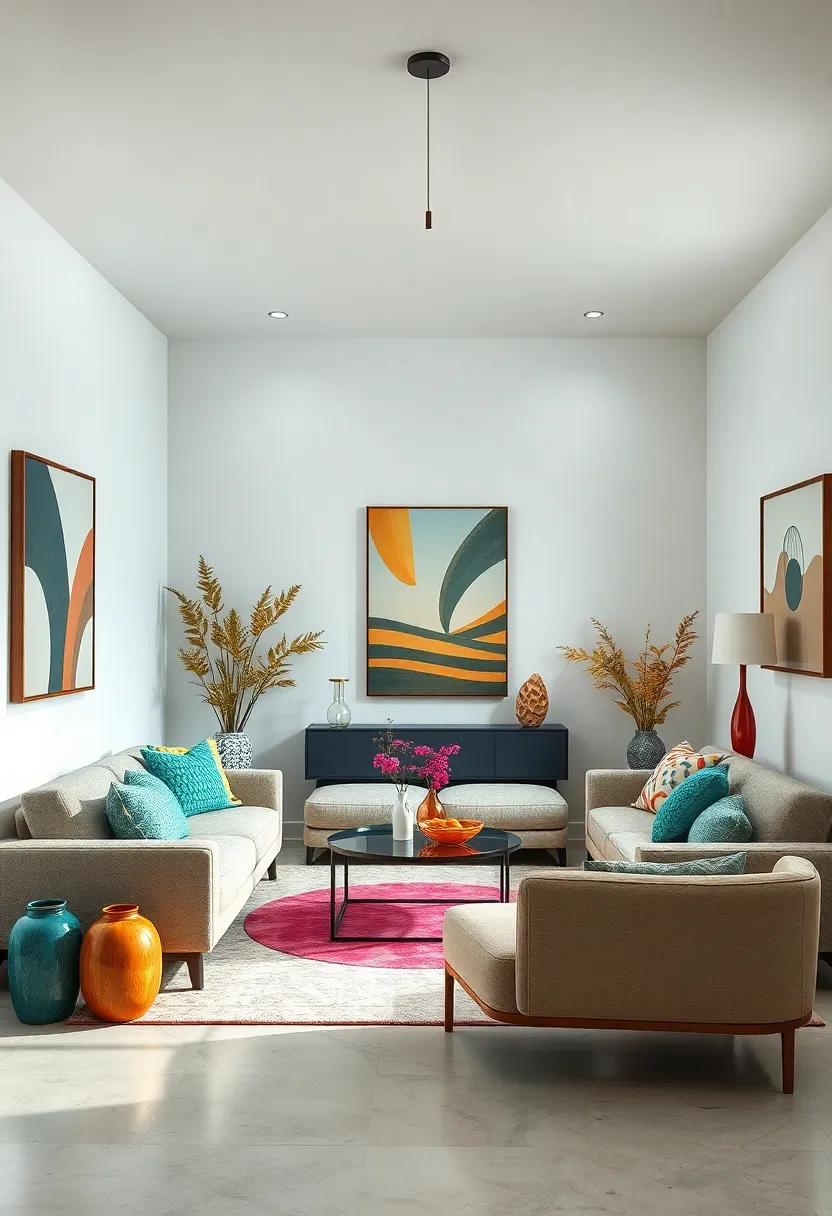 Colorful Accents: Introduce colorful decor through accessories like vases,artwork,or decorative objects to breathe life into the room