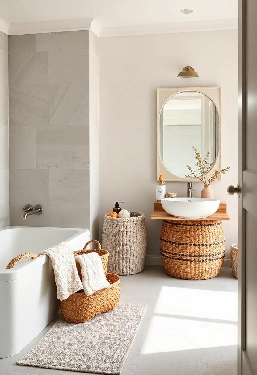 Cozy Knitted Baskets: Use woven or knitted baskets to store toiletries, creating an inviting farmhouse vibe while keeping your bathroom organized