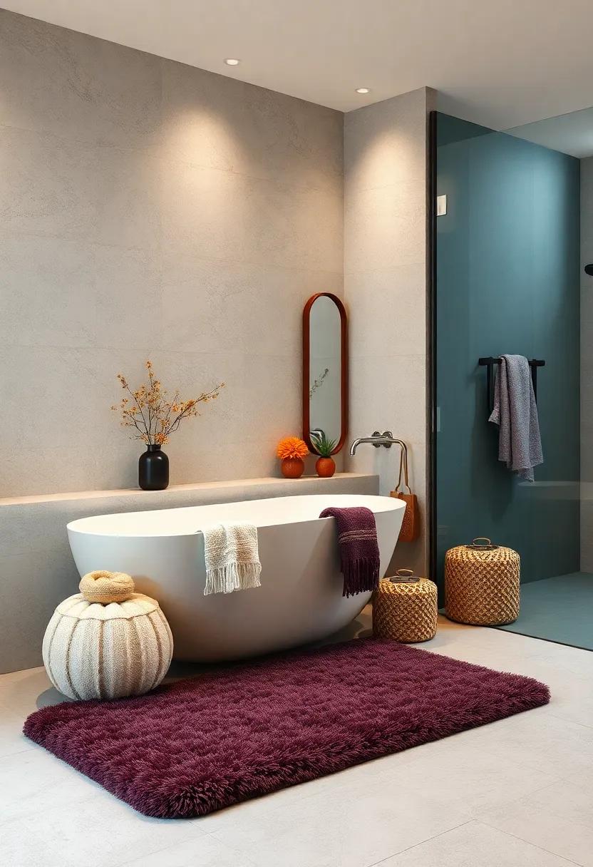 Plush Bath Mats: Invest in soft, shaggy bath mats that cushion your feet and add warmth, choosing materials like wool or microfiber for extra comfort