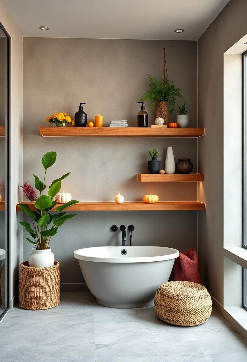 Rustic Wooden Shelves: Install floating wooden shelves to display decor or plants; reclaimed wood adds rustic charm and warmth to any bathroom
