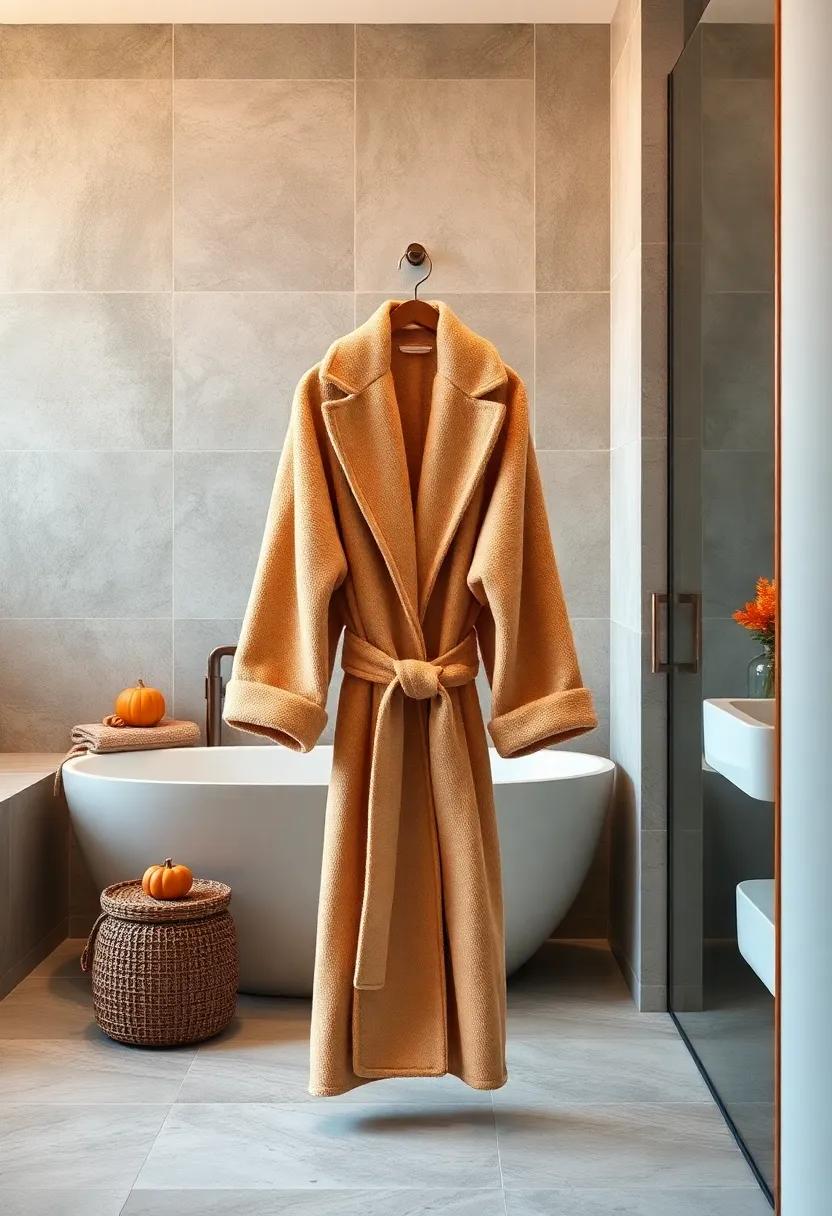 Warm Bathrobe: Hang a thick,cozy bathrobe on a hook within reach for those cool autumn days in the bathroom,providing comfort and warmth