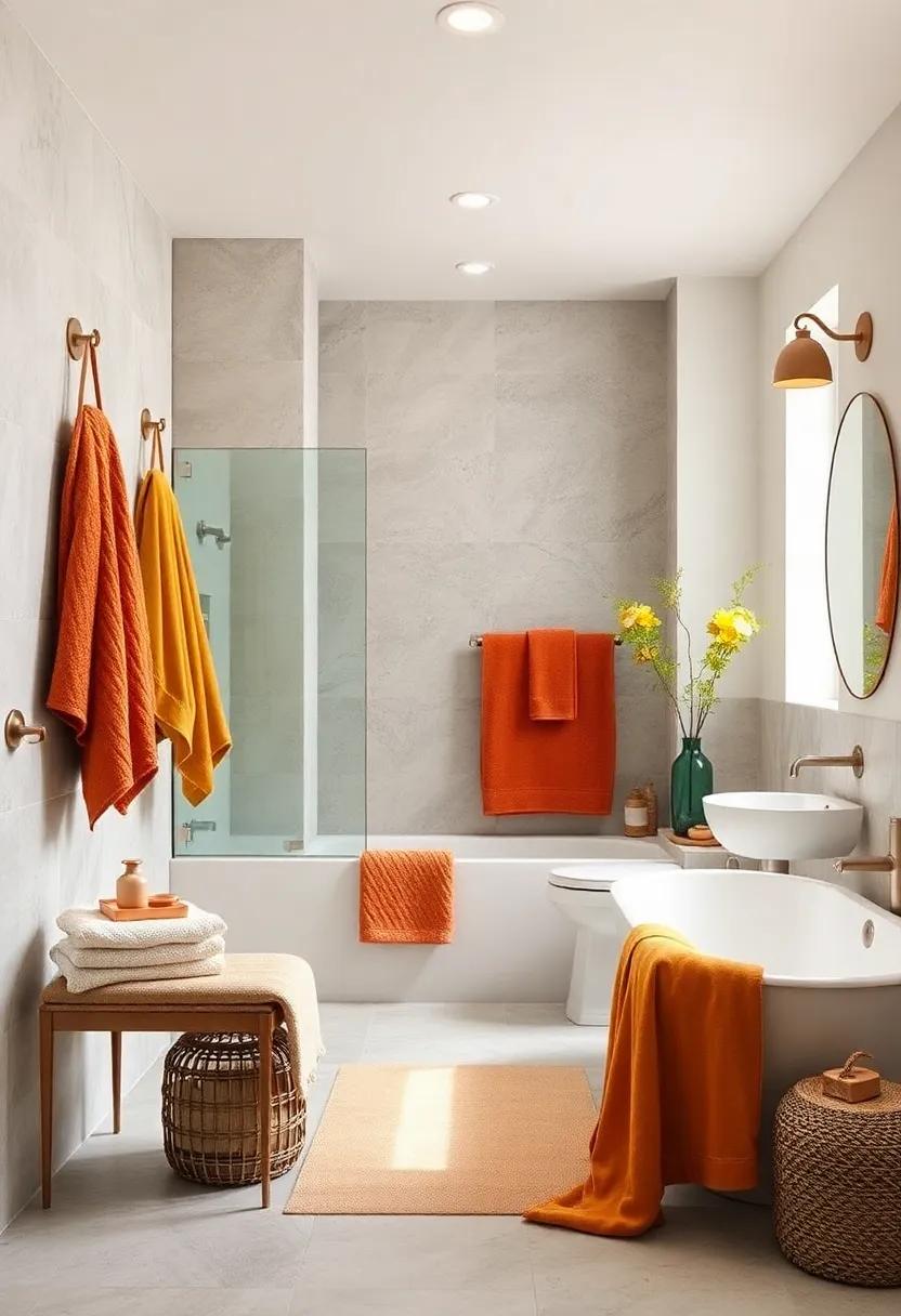 Warm Toned Towels: Swap out your bright summer towels for plush, warm-toned options in hues of rust, mustard, and deep green to instantly cozy up your space
