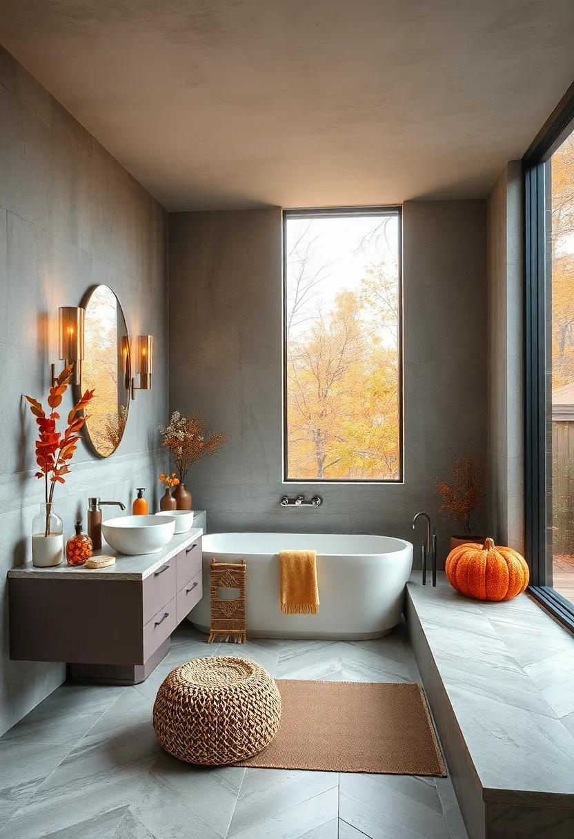 Warm Water Color Palette: Consider repainting the bathroom with a warm color palette that reflects the leaves changing outside, perhaps a deep amber or soft terracotta