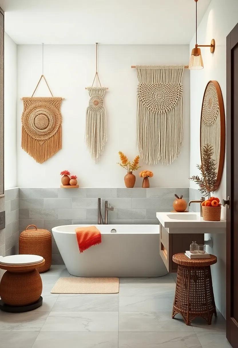 Woven Wall Hangings: Add texture with woven wall hangings that incorporate fall colors, giving depth and warmth to your bathroom decor