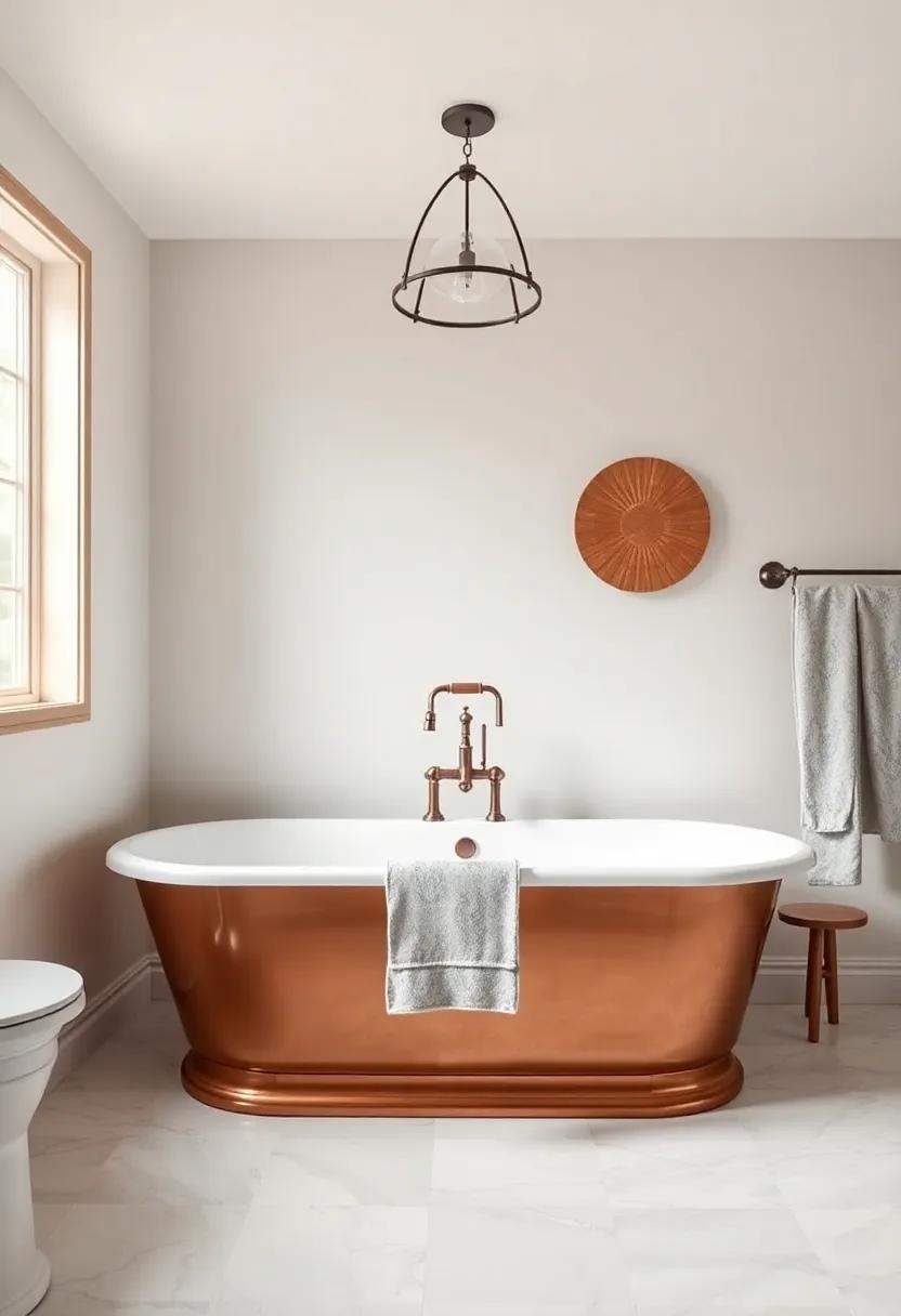 Copper Bathtub: A stunning copper bathtub ‍serves ‍as a luxurious centerpiece, ‍evoking old-world charm and perfect​ for ‌long, relaxing ⁢baths