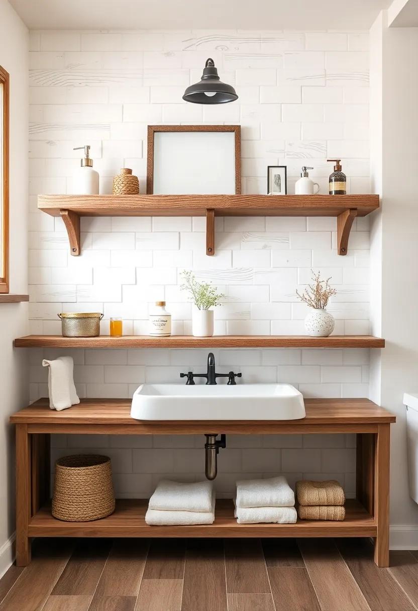 Distressed ⁢Wood Shelves: Open shelving made of‍ distressed wood not only⁢ provides storage but also displays charming decor items that represent⁢ farmhouse​ style