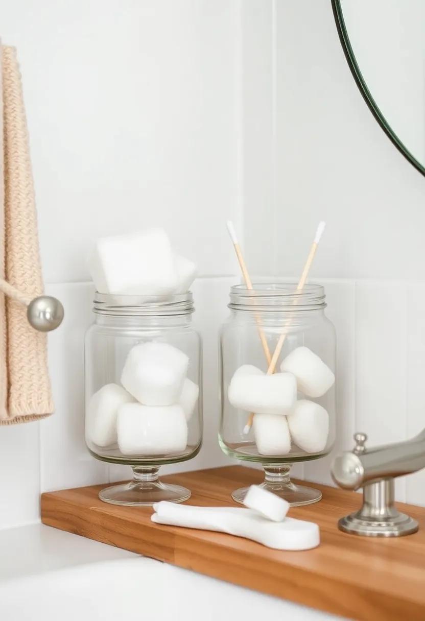 glass Jar⁢ Storage: ⁣Use glass jars‌ to store ⁢cotton balls and swabs in a stylish manner, adding both⁤ function and a transparent​ touch to your⁤ décor