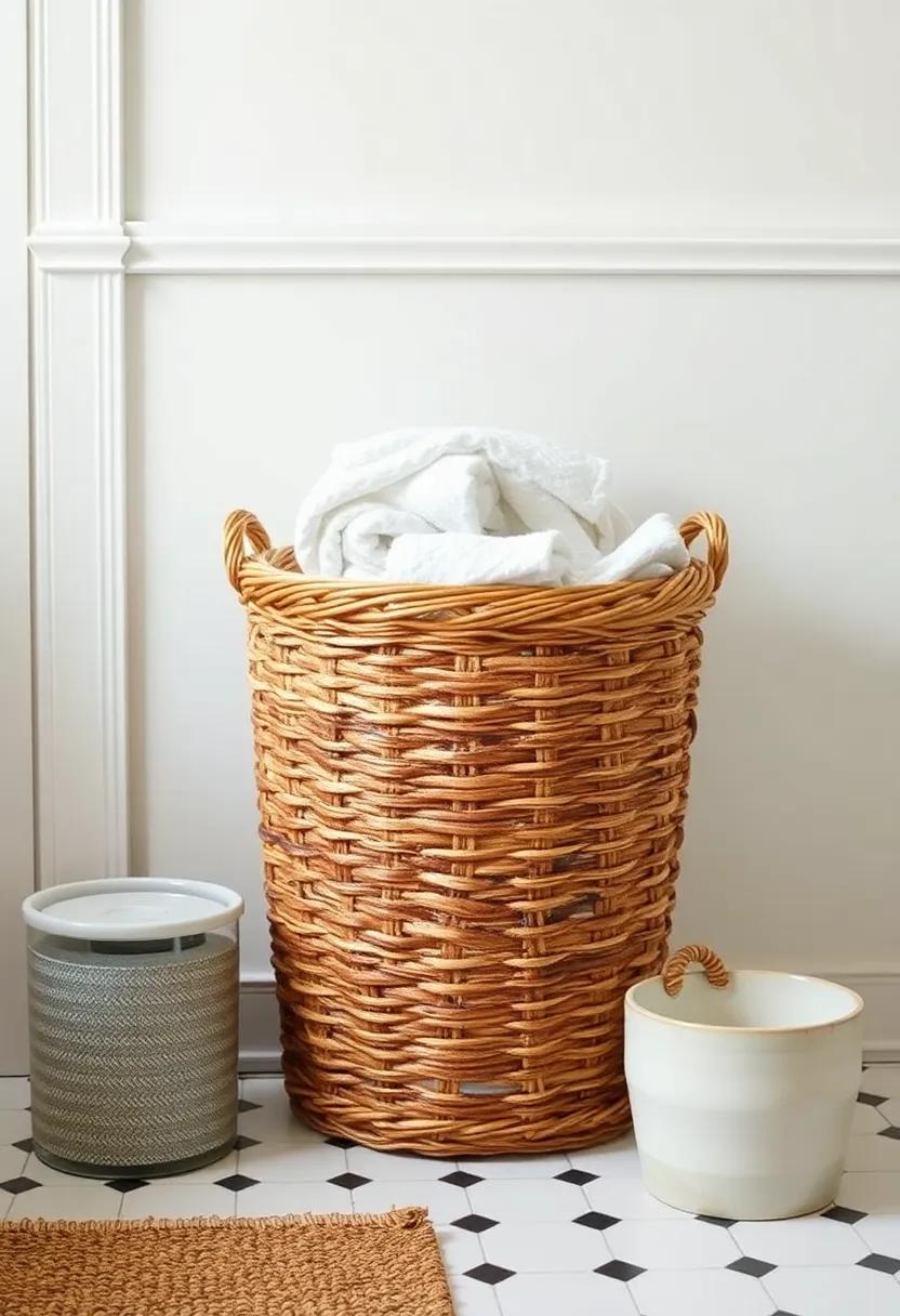 Vintage Laundry ⁢Basket: A woven ‍laundry ​basket with a distressed finish makes clean-up stylish and ​keeps your farmhouse bathroom organized