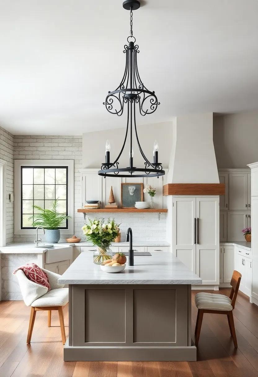 Start‍ with a Statement‌ Chandelier: Hang a wrought iron chandelier above your kitchen island ⁤to create an ​inviting focal point ‌that radiates rustic charm