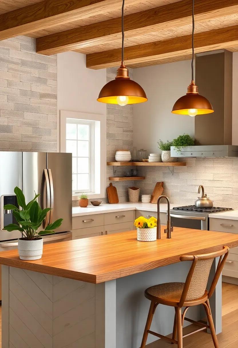 Bright Copper Accents: Add shine to your kitchen with copper light fixtures, bringing an elegant warmth that fits the farmhouse style