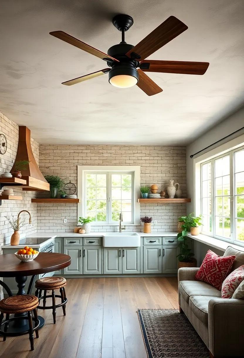 Farmhouse-Style Ceiling Fans: Opt for ceiling fans that blend functionality with rustic design, ensuring your kitchen stays cool and stylish