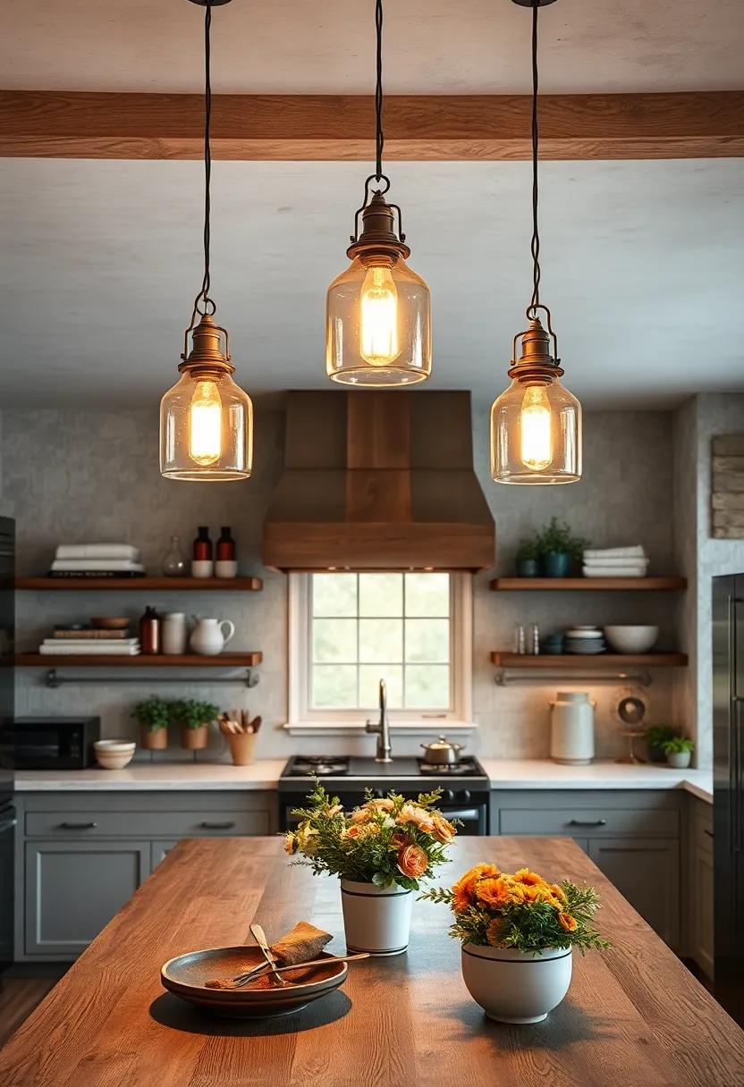 Rustic Pendant Lights: Hang vintage-style pendant lights to create a warm, inviting atmosphere that embodies farmhouse charm