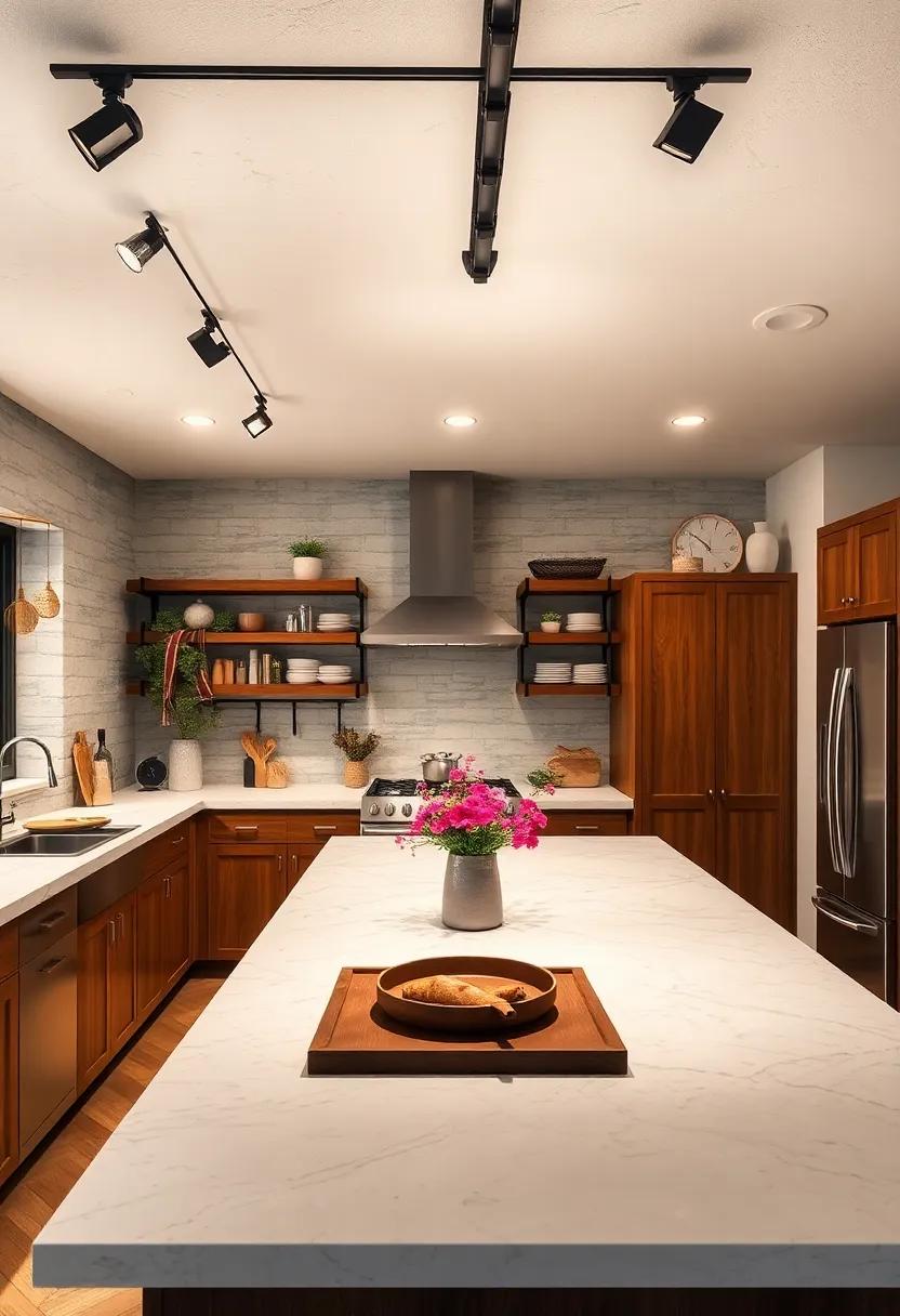 Track Lighting with a Twist: install track lighting with adjustable heads to spotlight key areas while maintaining a farmhouse aesthetic