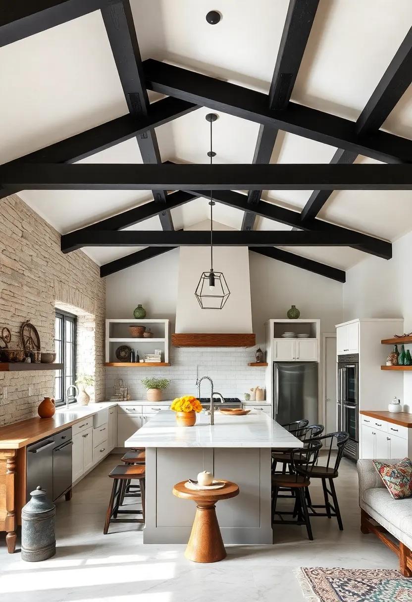 Bold Black Beams:⁤ A striking black beam ceiling sets⁢ the⁣ stage in a bright,‍ white ⁤kitchen, ⁢effortlessly enhancing the space’s sophistication while‍ maintaining its farmhouse roots