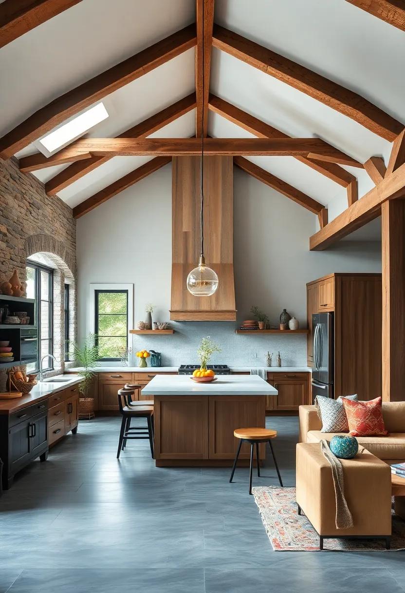 farmhouse Modern: ‍Smart geometry with strategically​ placed beams and sleek ‍cabinetry highlights ⁣innovative design, making the space ​functional‌ yet visually stunning
