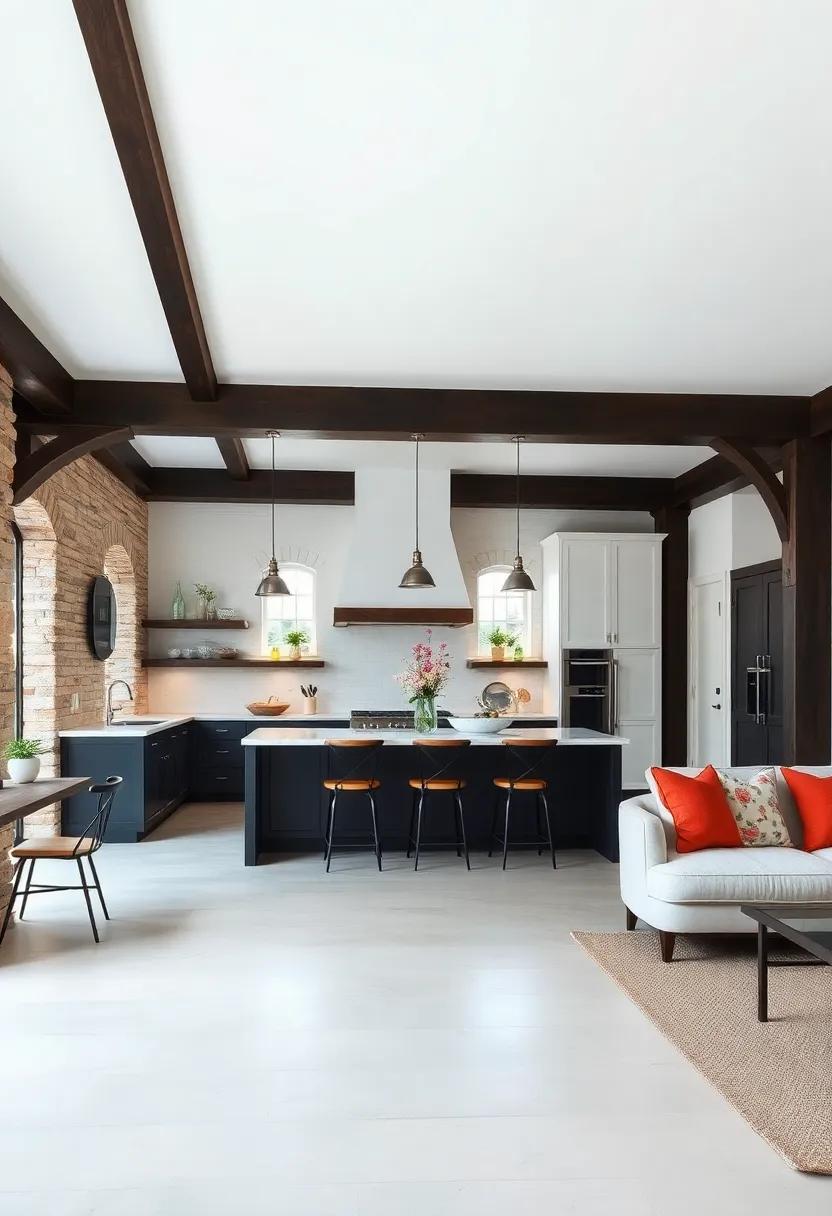 Light and ​Dark Contrast: Bold⁤ dark beams in a​ predominantly white ‍kitchen create a stunning contrast, serving as a‌ contemporary update while honoring⁢ rustic style