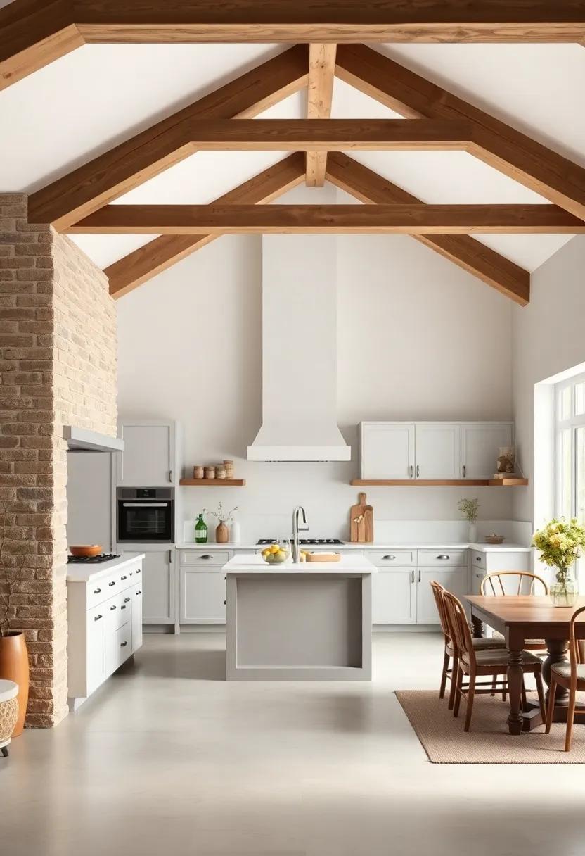 Minimalist Elegance: ​A sleek kitchen with open beams painted in a soft white​ creates an airy feel, complemented‍ by simple lines⁣ and modern⁢ cabinetry for a⁤ fresh twist on traditional charm