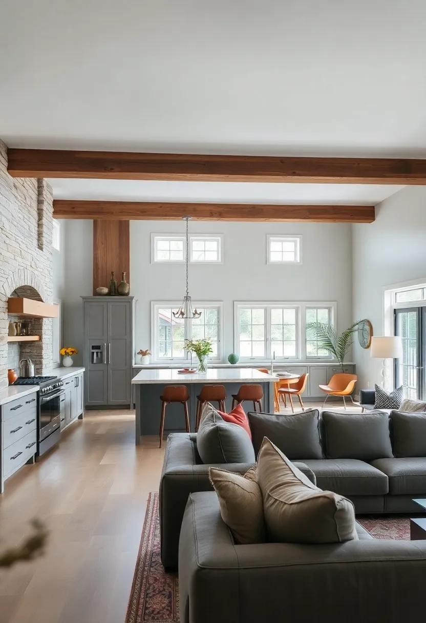 Open concept Living: A ⁣seamless transition from the kitchen to the living⁢ area, featuring open beams, fosters a sense of connectedness ‍while maintaining distinct farmhouse qualities