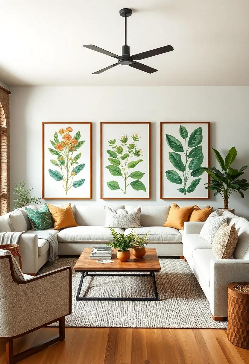 Embrace Nature’s Palette: Choose a selection of framed botanical prints showcasing vibrant greens and earthy tones to enhance your living room's color scheme