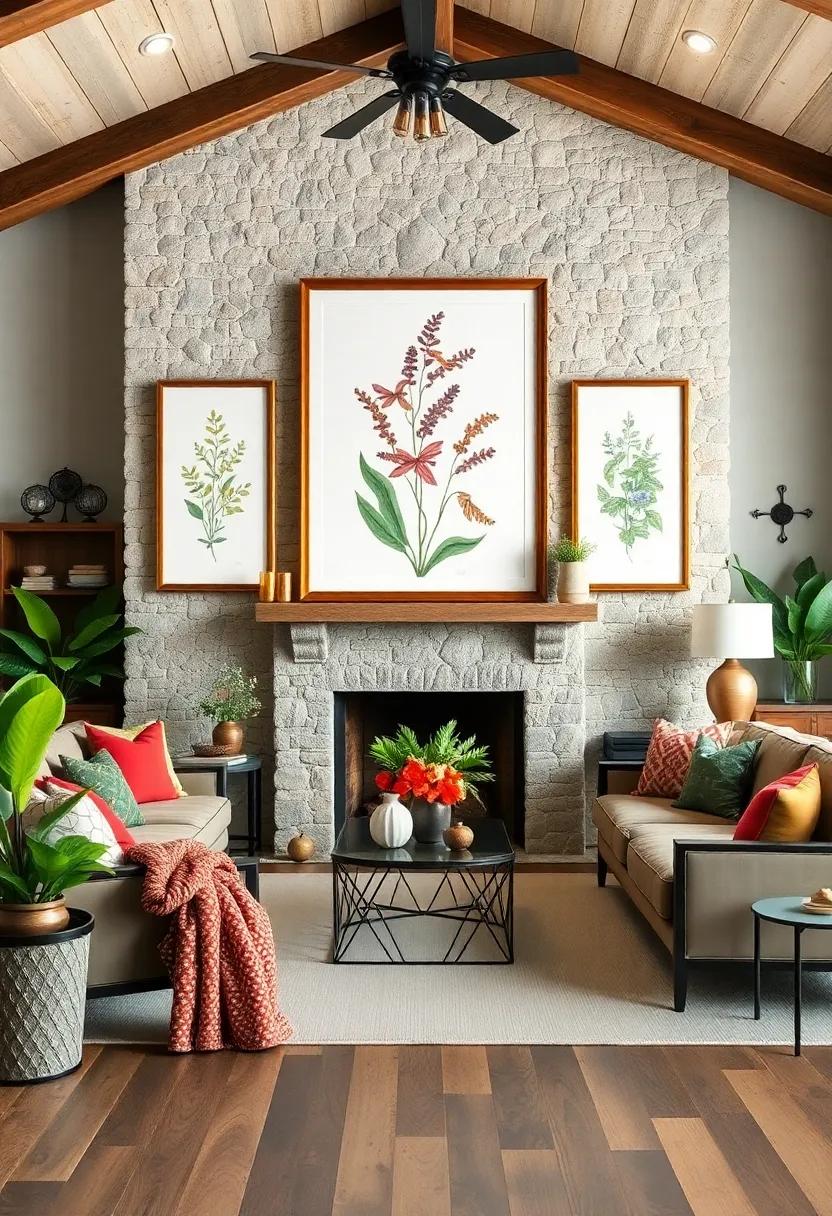 Centerpiece Focus: Make a statement by placing a large botanical print as the centerpiece above your fireplace or mantel, drawing the eye and anchoring the room