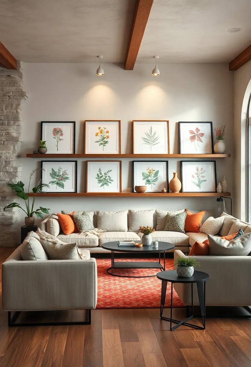 Frames on Shelves: Showcase framed botanical prints on floating shelves, allowing for easy rearrangement and a dynamic display without the commitment of wall mounting