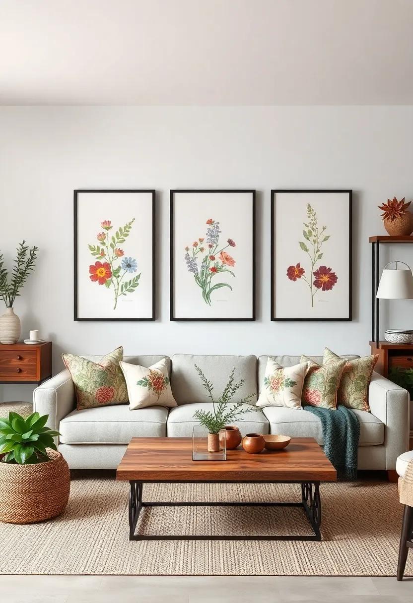 Rustic Accents: Surround your botanical prints with rustic elements, like reclaimed wood shelves or wrought iron accents, to enhance the farmhouse feel