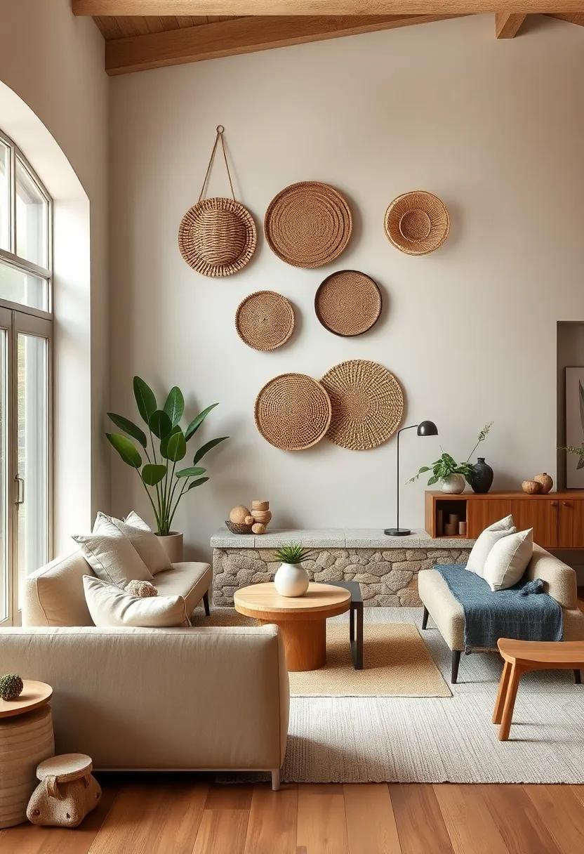 hang Simple Baskets: Use woven baskets as functional wall decor, adding organization while enhancing warmth and texture