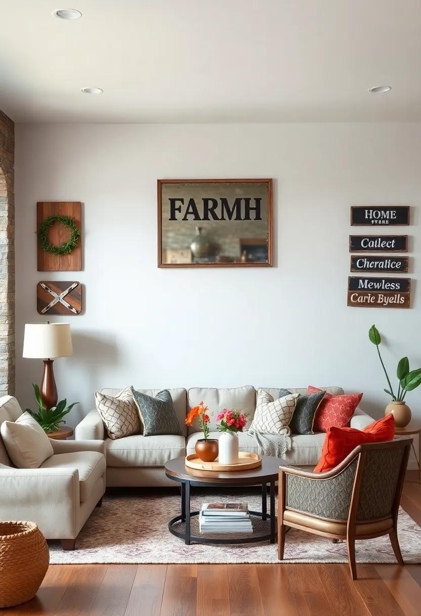 Reflective ⁢Surfaces: Hang a ⁤vintage mirror alongside​ signage to⁢ enhance ⁢light and make ​your living room feel more​ spacious and inviting