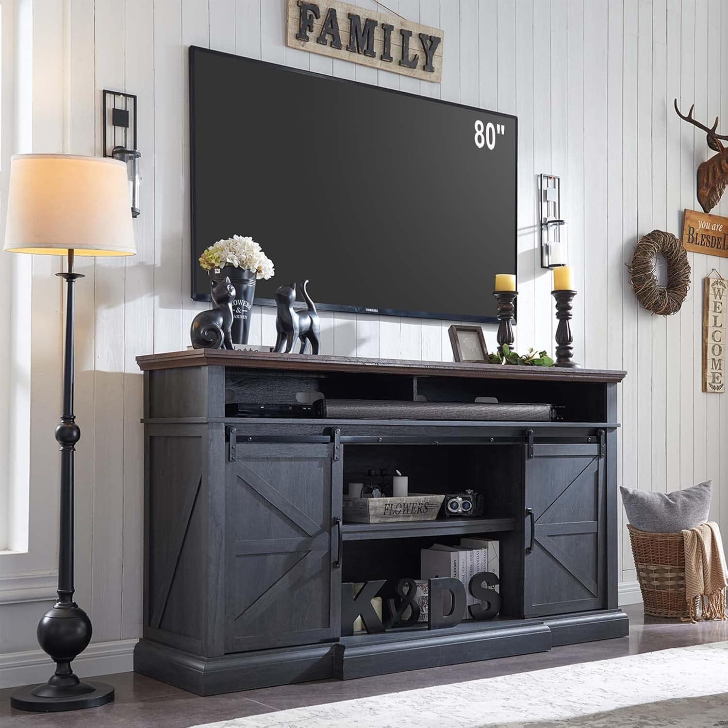 Farmhouse TV Stand 70-inch (Dark Grey): fits your space Farmhouse TV Stand 70-inch (Dark Grey): fits your space