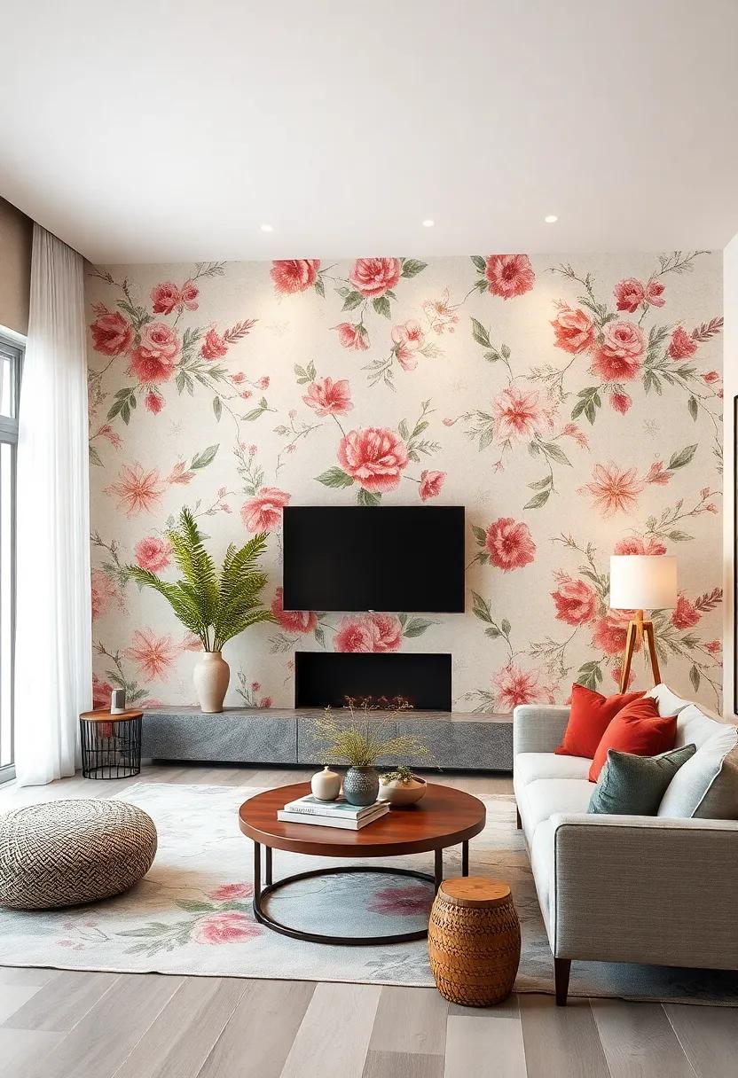 Artisanal Floral Textures: Incorporate hand-drawn floral designs that lend a bespoke, artisanal feel to your living room walls
