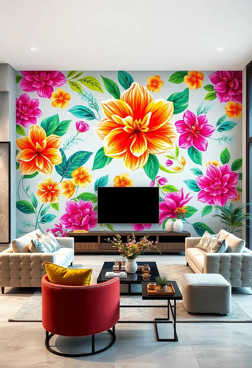 Neon Floral Burst: Inject energy into your living room with vibrant, neon floral designs that make a striking statement and showcase modern trends