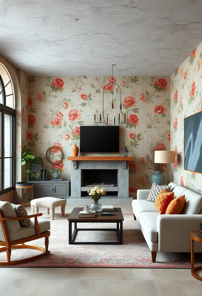 Rustic Charm: Embrace farmhouse aesthetics with aged floral wallpaper that adds warmth and coziness to any living room