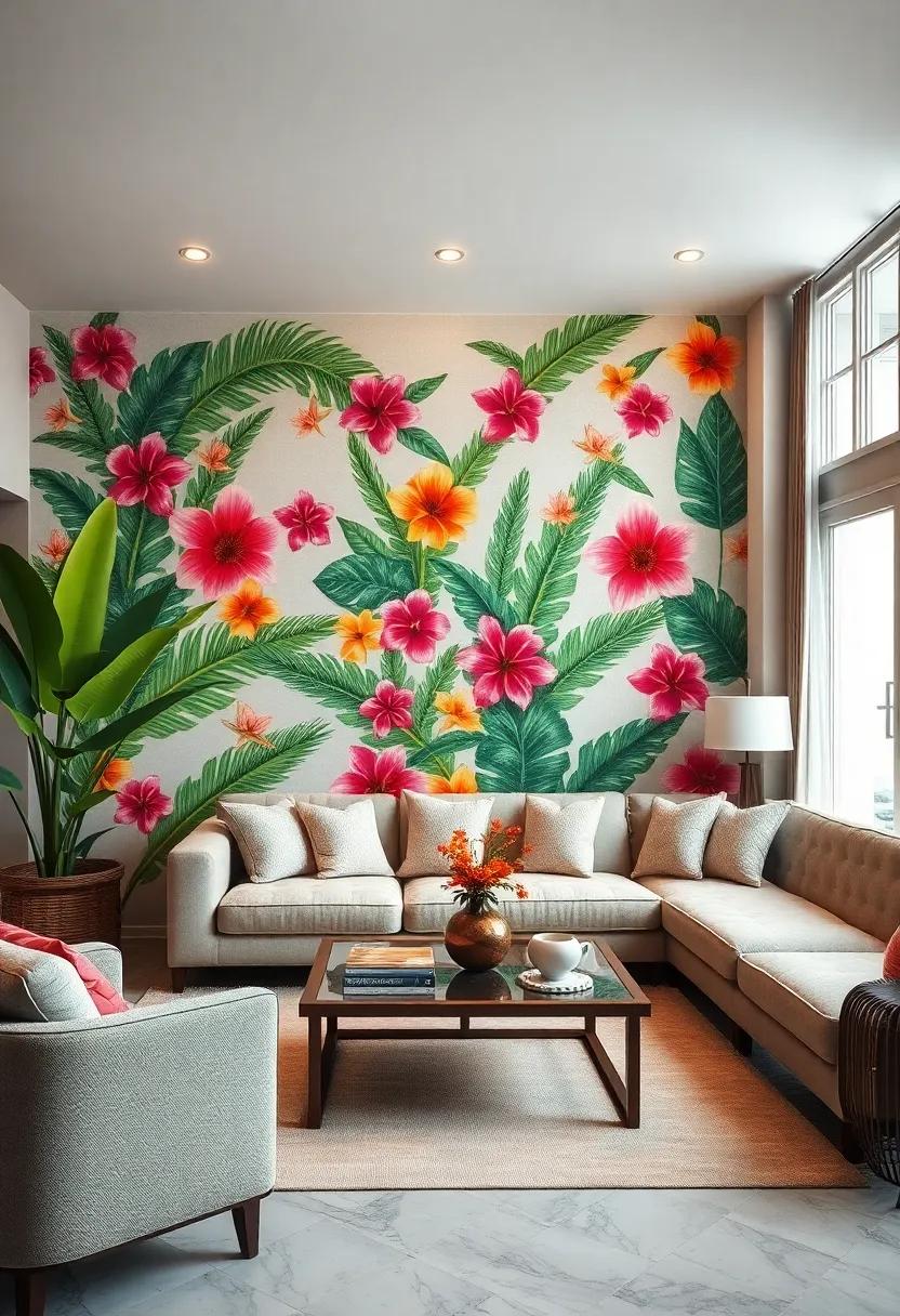 Tropical Paradise: Infuse your space with vibrant colors and exotic flair with lush palm leaves and vivid flowers reminiscent of sun-soaked getaways