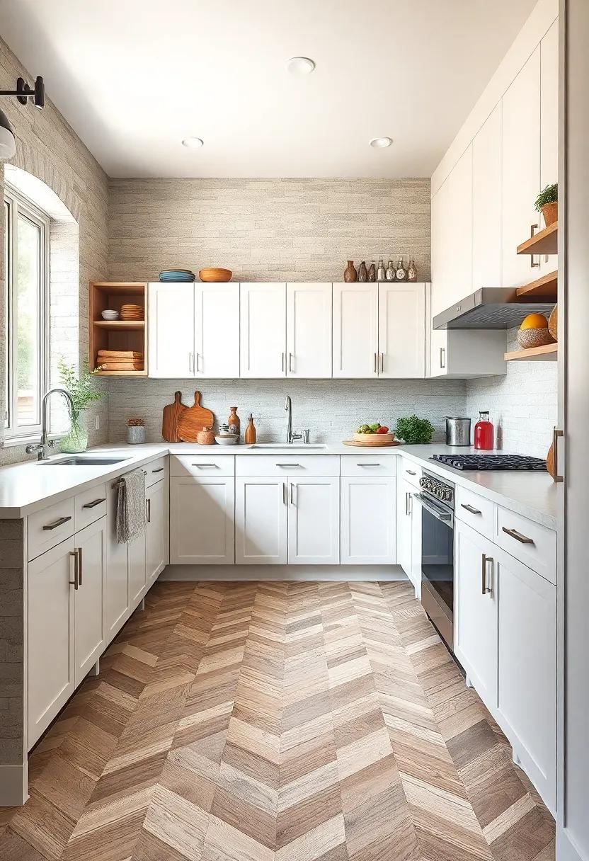 Creative Flooring: Select unique​ flooring materials or patterns, like herringbone tile, to elevate the overall style of your kitchen