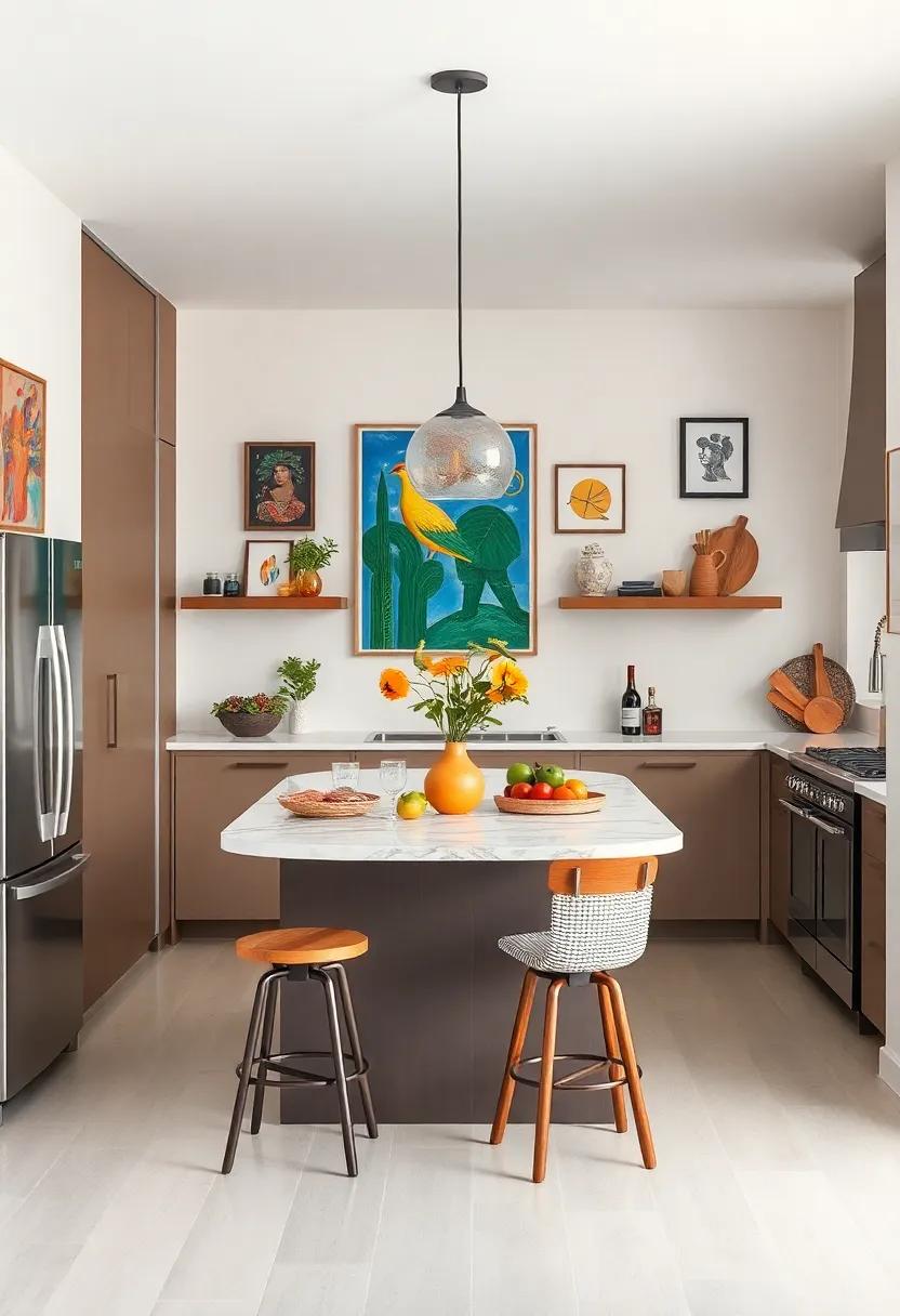 Artistic Flair: An⁢ eclectic galley kitchen with a uniquely-shaped ​island that ⁤serves⁢ as a canvas for creativity ⁢and‍ self-expression, featuring vibrant artwork and personalized decor