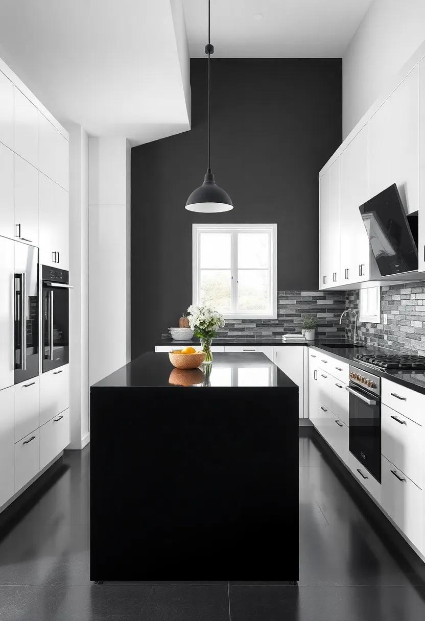 Bold Contrasts: ​A ‌striking black and white galley⁤ kitchen featuring a ‍bold black island that contrasts beautifully with white cabinets and ⁣a vibrant⁢ backsplash for ‌a⁢ modern ⁤touch